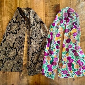 Scarf Set - Set of 2 - Black Paisley & Bold Floral Silk-Feel Scarves